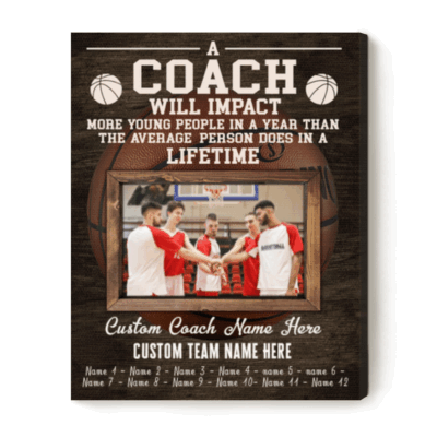 Basketball Team Photo Canvas with custom team photo, player names, and thank you message, personalized end-of-season coach gift.