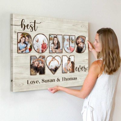 Personalized Bonus Mom Canvas wall art with custom names, heartfelt gift for stepmom or mother figure, perfect for Christmas, birthday, or appreciation.