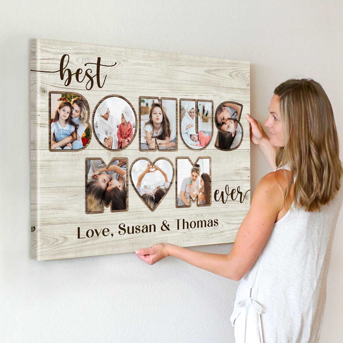 Personalized Bonus Mom Canvas wall art with custom names, heartfelt gift for stepmom or mother figure, perfect for Christmas, birthday, or appreciation.