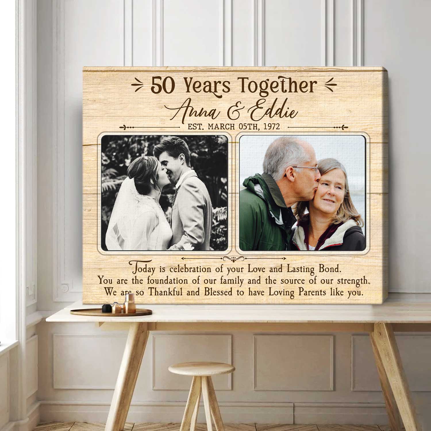Personalized 50th Anniversary Photo Canvas with Then and Now design, custom names and dates, golden wedding gift for parents or grandparents.