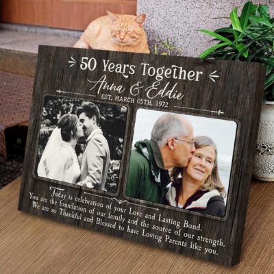 Personalized 50th Anniversary Photo Canvas with Then and Now design, custom names and dates, golden wedding gift for parents or grandparents.