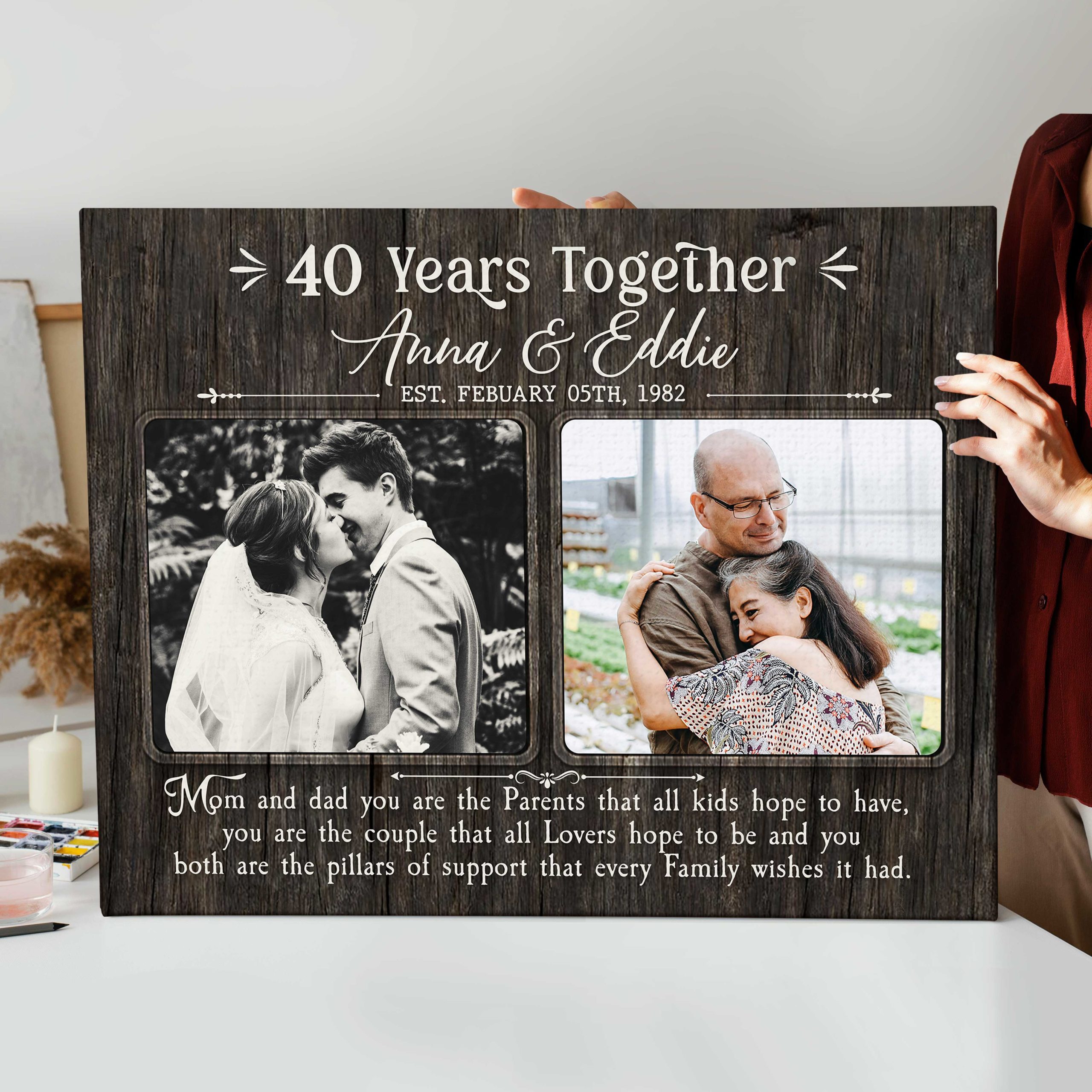 Personalized 40th Anniversary Photo Canvas with Then and Now photos, custom names and dates, ruby anniversary gift for parents or grandparents.