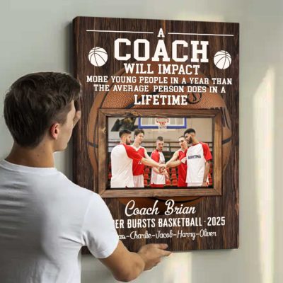 Basketball Team Photo Canvas with custom team photo, player names, and thank you message, personalized end-of-season coach gift.