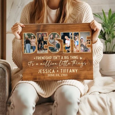 Personalized Bestie Photo Canvas Prints with friendship collage, custom pictures, and names, unique Christmas or birthday gift for best friend.
