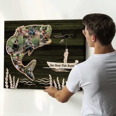 Custom Fishing Gifts, Personalized Gifts For Fishing Lovers, Fishing Gifts For Guys, Bass Fish Photo Collage Canvas Print