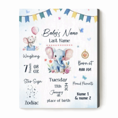 Personalized Baby Birth Stats Canvas with elephant design, newborn announcement wall art, custom nursery décor and baby shower gift for new parents.