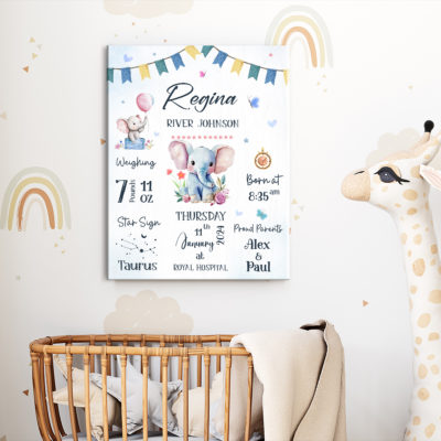 Personalized Baby Birth Stats Canvas with elephant design, newborn announcement wall art, custom nursery décor and baby shower gift for new parents.