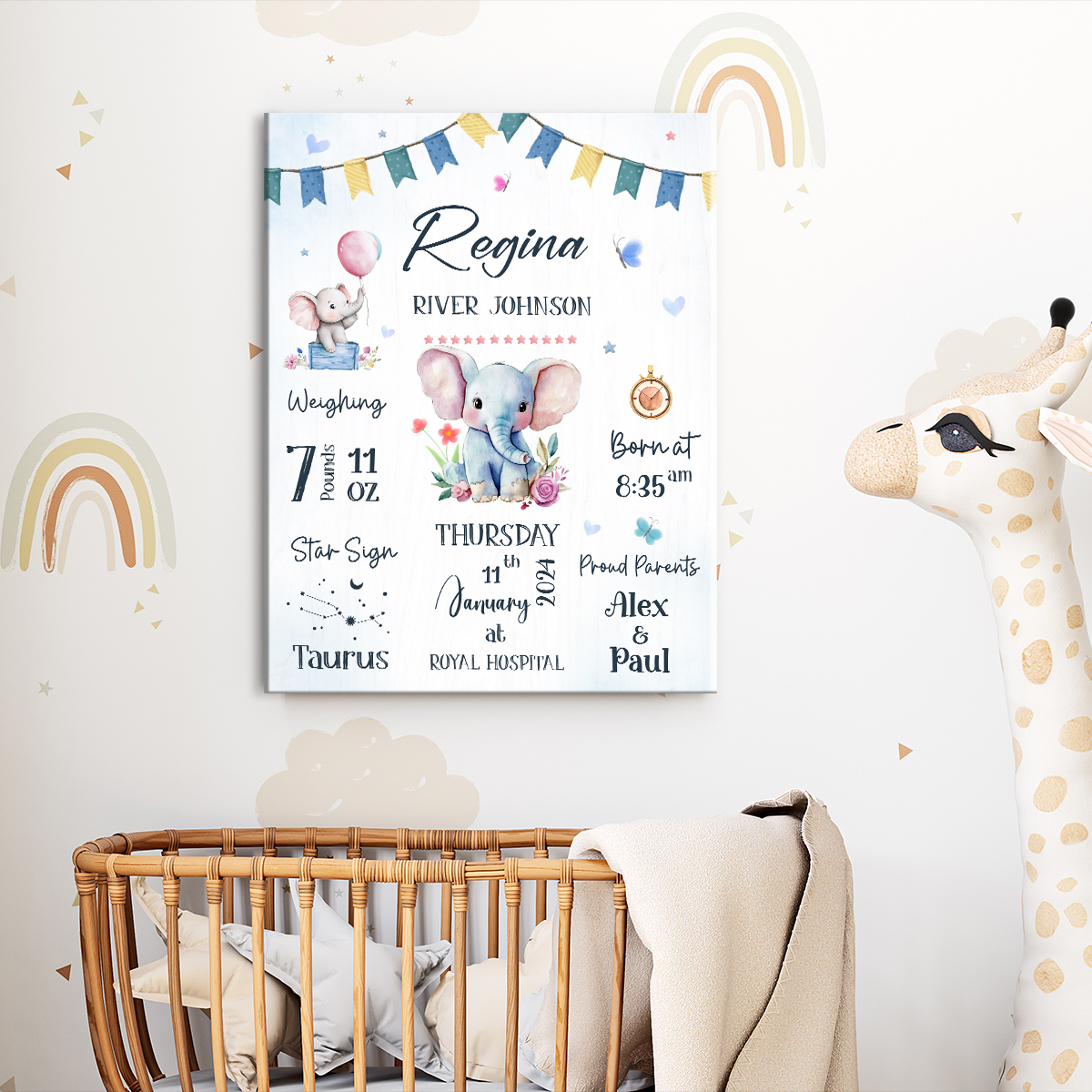 Personalized Baby Birth Stats Canvas with elephant design, newborn announcement wall art, custom nursery décor and baby shower gift for new parents.