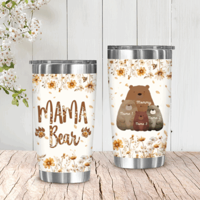 Personalized Mama Bear Tumbler with kids’ names, custom mom coffee cup, meaningful Christmas or birthday gift for mom from children.