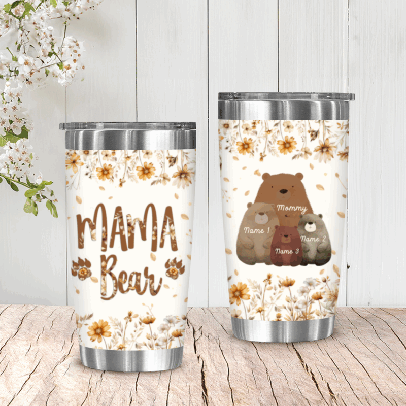 Personalized Mama Bear Tumbler with kids’ names, custom mom coffee cup, meaningful Christmas or birthday gift for mom from children.