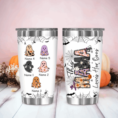 Custom Spooky Mama Halloween Tumbler with ghost design and kids’ names, festive fall travel mug, personalized Halloween gift for mom.