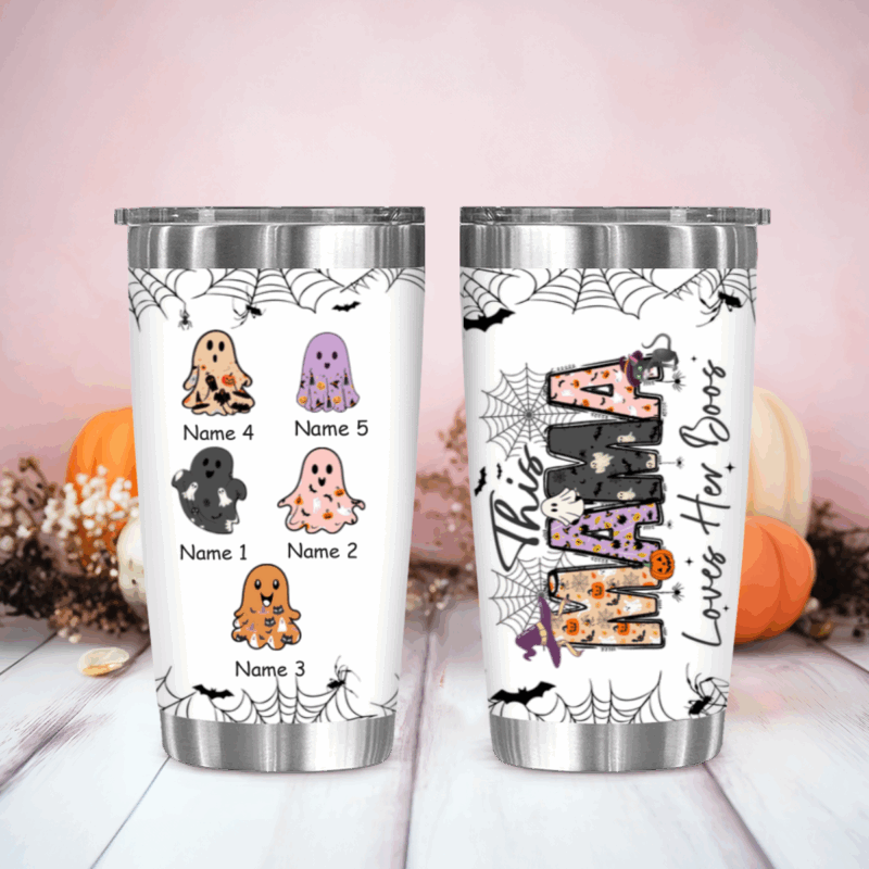 Custom Spooky Mama Halloween Tumbler with ghost design and kids’ names, festive fall travel mug, personalized Halloween gift for mom.