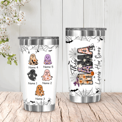 Custom Spooky Mama Halloween Tumbler with ghost design and kids’ names, festive fall travel mug, personalized Halloween gift for mom.