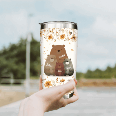 Personalized Mama Bear Tumbler with kids’ names, custom mom coffee cup, meaningful Christmas or birthday gift for mom from children.