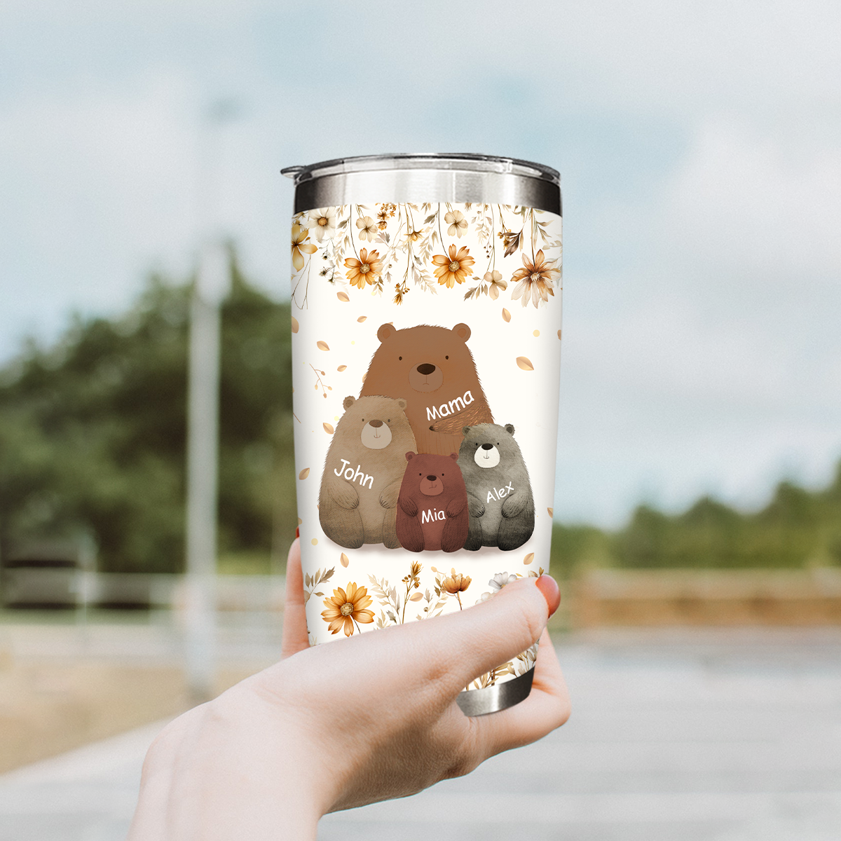 Personalized Mama Bear Tumbler with kids’ names, custom mom coffee cup, meaningful Christmas or birthday gift for mom from children.