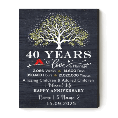40 Year Anniversary Canvas Print featuring a family tree design, celebrating love and marriage with customized names and date, a perfect ruby anniversary gift for parents or couples.