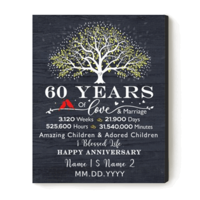 60th Anniversary Custom Canvas with family tree design, celebrating 60 years of love and marriage, customized with names and date, meaningful diamond anniversary gift for parents or grandparents.