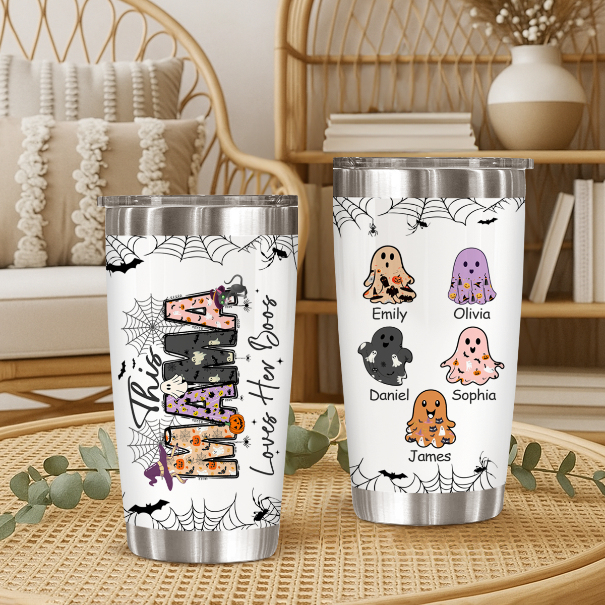Custom Spooky Mama Halloween Tumbler with ghost design and kids’ names, festive fall travel mug, personalized Halloween gift for mom.