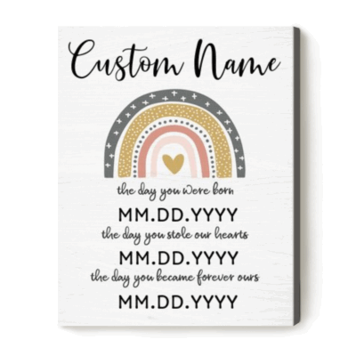 Custom Adoption Dates Print with rainbow design, personalized adoption gift showing child’s birth date, gotcha day, and forever family day, a meaningful keepsake for adoptive parents.