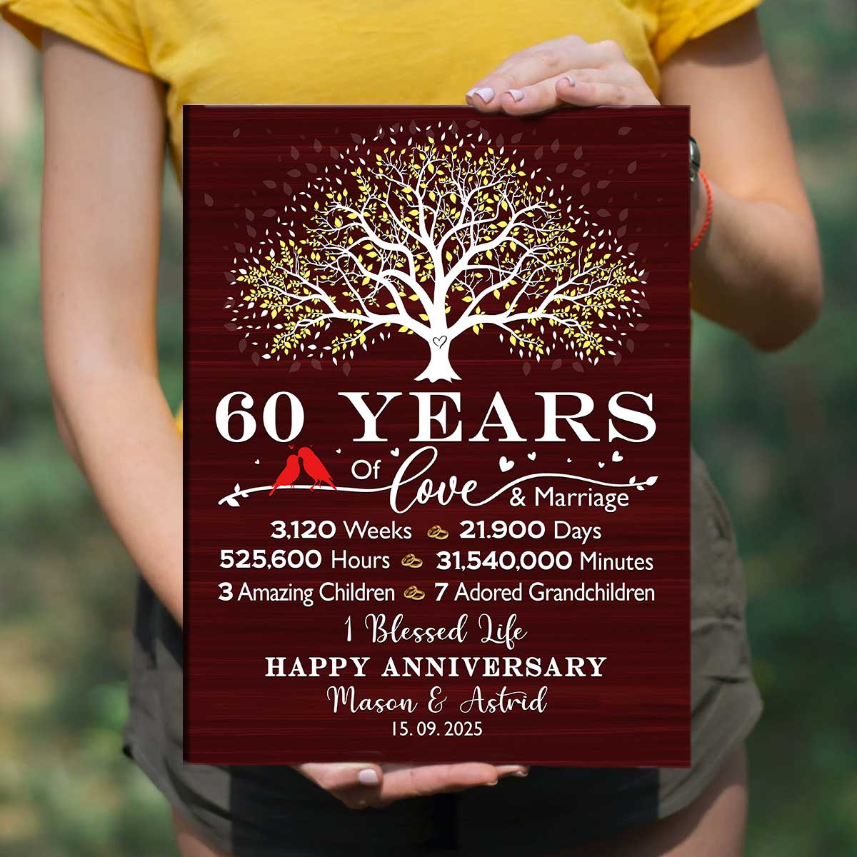 60th Anniversary Custom Canvas with family tree design, celebrating 60 years of love and marriage, customized with names and date, meaningful diamond anniversary gift for parents or grandparents.