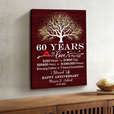 60th Anniversary Custom Canvas with family tree design, celebrating 60 years of love and marriage, customized with names and date, meaningful diamond anniversary gift for parents or grandparents.