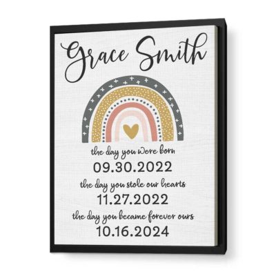 Custom Adoption Dates Print with rainbow design, personalized adoption gift showing child’s birth date, gotcha day, and forever family day, a meaningful keepsake for adoptive parents.
