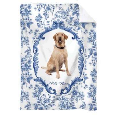 Custom Pet Blanket - Gift for Pet Lovers with dog photo and name in elegant blue Toile De Jouy floral frame design, personalized gift for pet lovers.