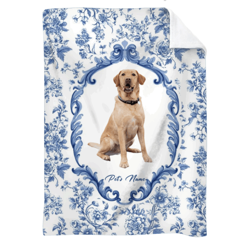 Custom Pet Blanket - Gift for Pet Lovers with dog photo and name in elegant blue Toile De Jouy floral frame design, personalized gift for pet lovers.