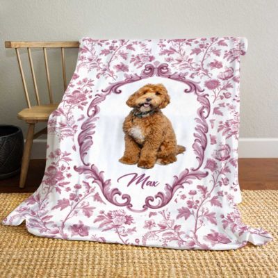 Custom Pet Blanket - Gift for Pet Lovers with dog photo and name in elegant blue Toile De Jouy floral frame design, personalized gift for pet lovers.