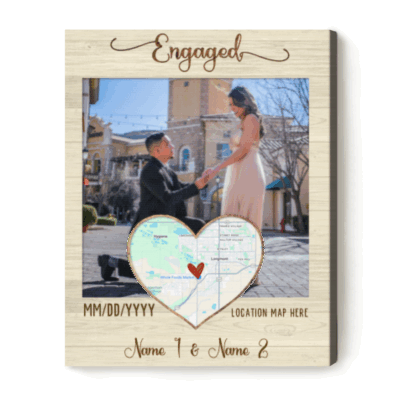 Custom Engagement Photo Canvas with couple’s picture, names, date, and location map. Romantic personalized proposal gift and keepsake.