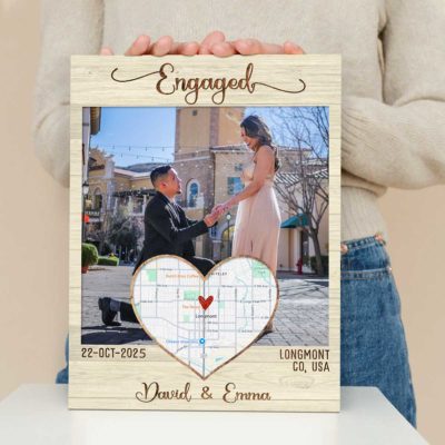 Custom Engagement Photo Canvas with couple’s picture, names, date, and location map. Romantic personalized proposal gift and keepsake.