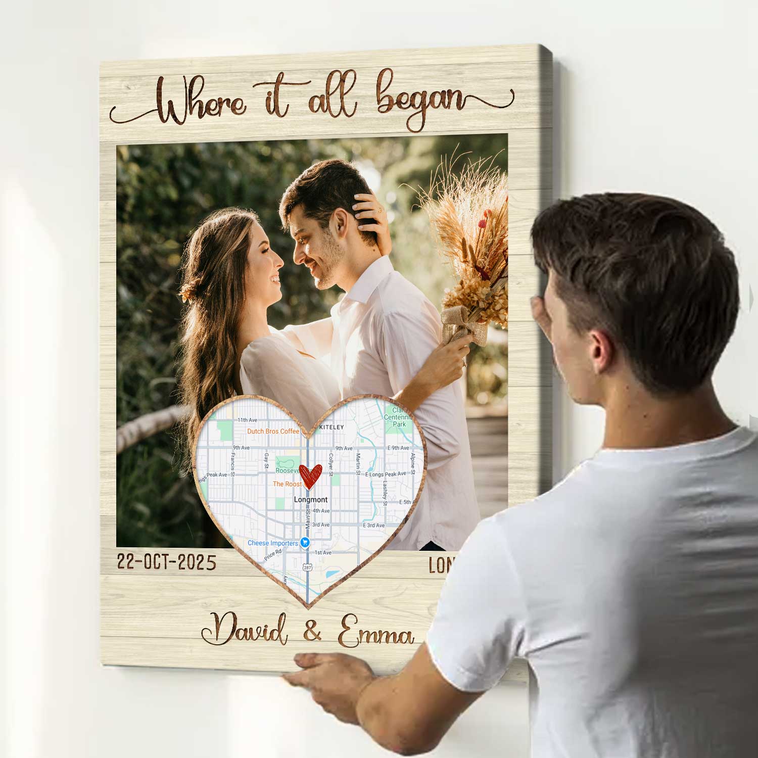 The Day We Met Photo Canvas with couple’s picture, names, date, and custom map. Personalized anniversary gift and romantic keepsake for couples.