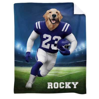 Personalized Dog Blanket-Pet Lover Sport Gift featuring custom pet photo in football uniform with name and number, unique sports gift for pet lovers.
