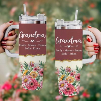 Personalized Grandma Tumbler with kids’ names, Christmas gift for Grandma, Gigi, or Mimi, custom travel mug from grandkids.