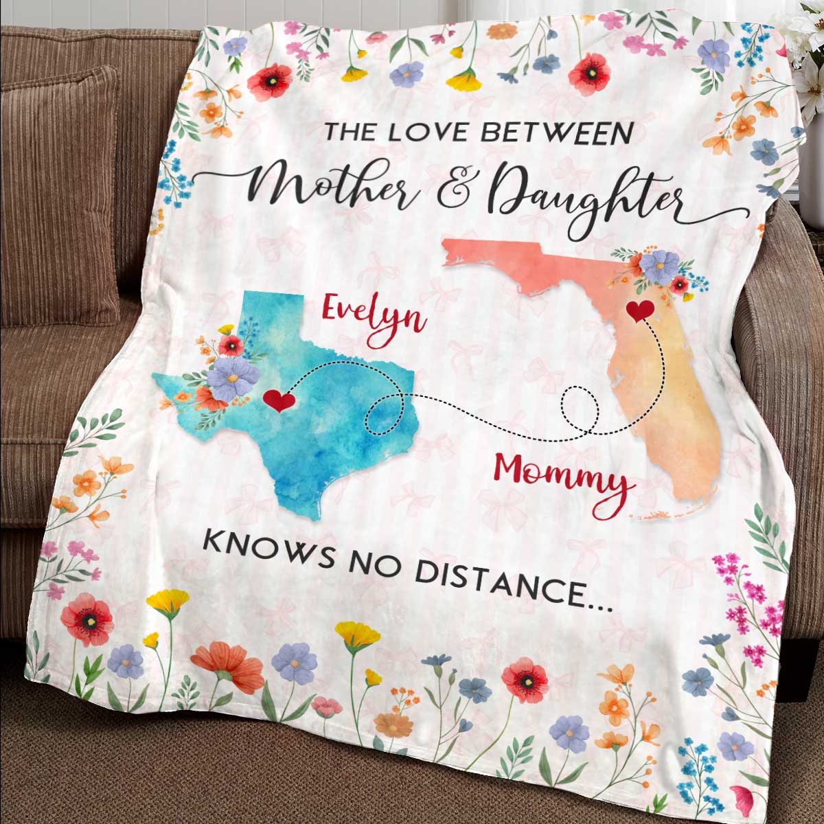 Personalized Long Distance Blanket with states and names, sentimental mother-daughter gift, Christmas gift for Mom from daughter.