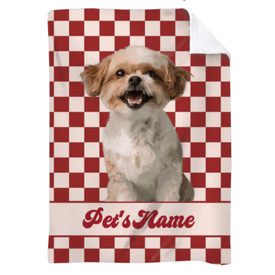 Personalized Pet Photo Blanket - Christmas Gift for Pet Lovers featuring a custom dog portrait with festive holiday background, pet name, perfect Xmas gift for pet lovers and dog moms.