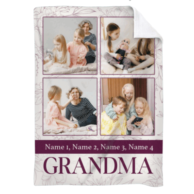 Personalized Grandma Blanket with photos and names, custom Christmas gift from grandkids, cozy grandmother keepsake blanket.