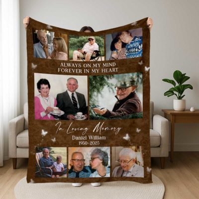 Personalized Memorial Photo Collage Blanket with pictures and name, sympathy remembrance gift for loss of loved one.