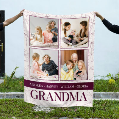 Personalized Grandma Blanket with photos and names, custom Christmas gift from grandkids, cozy grandmother keepsake blanket.