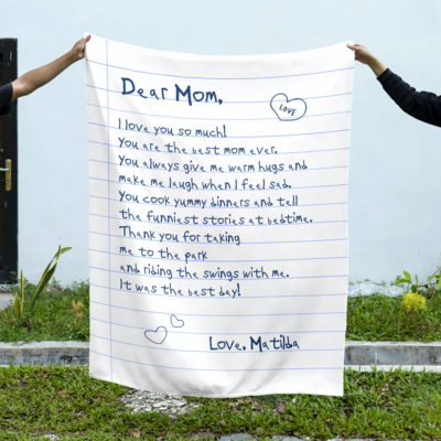 Personalized letter blanket with custom message for mom, Christmas gift from son or daughter, sentimental keepsake blanket.