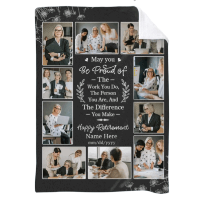 Personalized Retirement Photo Collage Blanket with pictures, name, and date, thoughtful farewell and appreciation gift for coworker or boss.