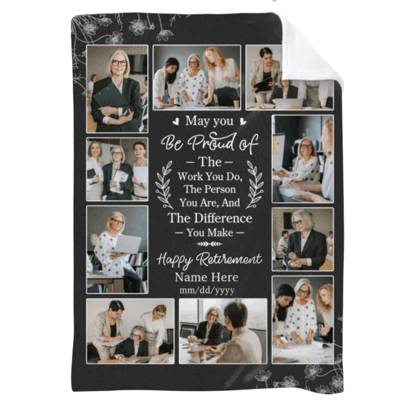 Personalized Retirement Photo Collage Blanket with pictures, name, and date, thoughtful farewell and appreciation gift for coworker or boss.