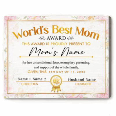 Personalized Mom Certificate Canvas with “World’s Best Mom” title and family names, a heartfelt Christmas or birthday gift for mom.