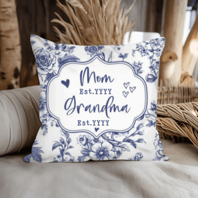 Personalized Mom Grandma Established Pillow with custom name and year, Christmas gift for new grandma from kids or grandkids.