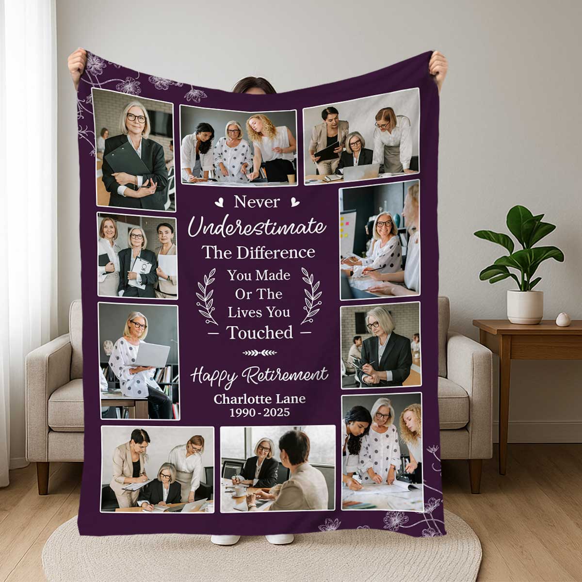 Personalized Retirement Photo Collage Blanket with pictures, name, and date, thoughtful farewell and appreciation gift for coworker or boss.