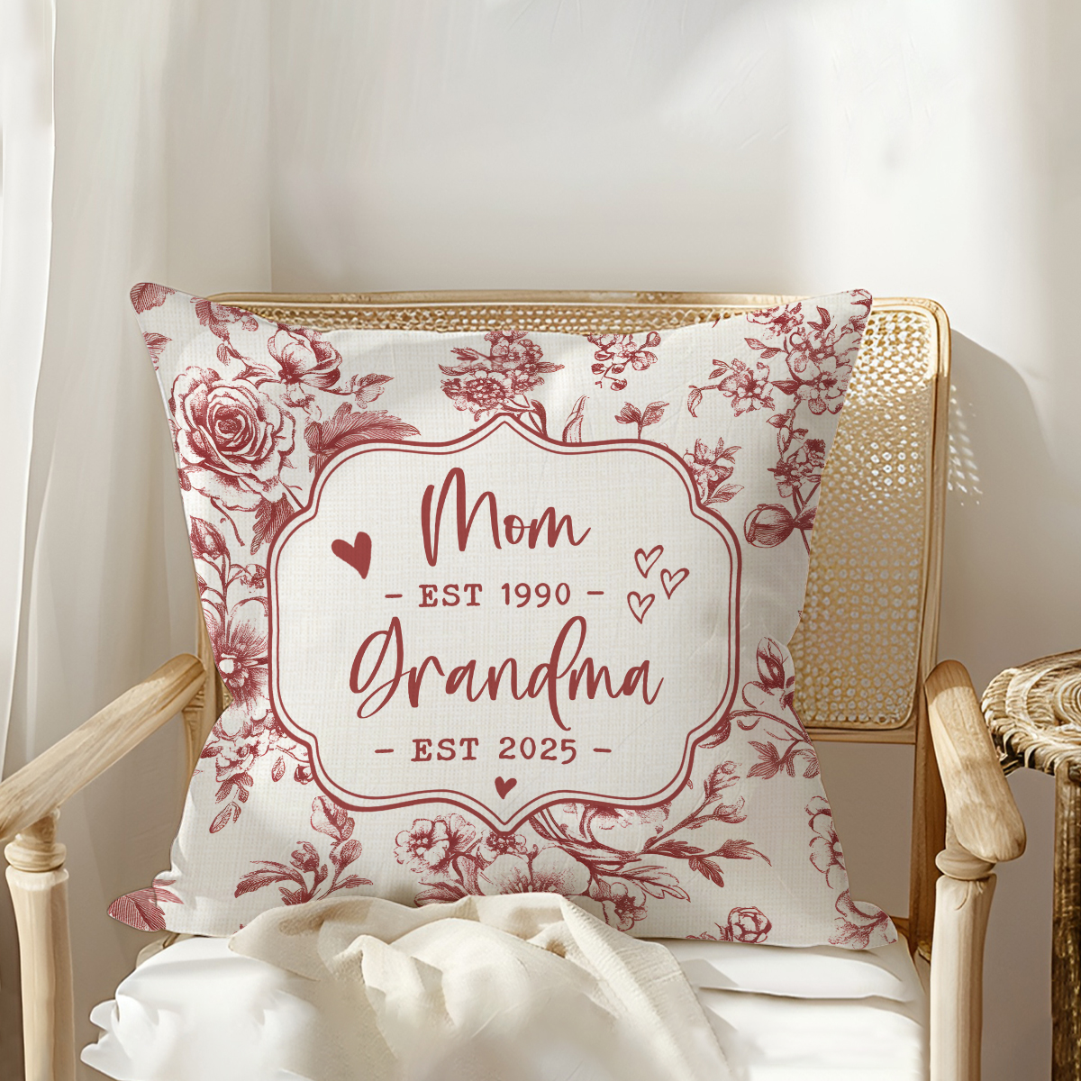 Personalized Mom Grandma Established Pillow with custom name and year, Christmas gift for new grandma from kids or grandkids.