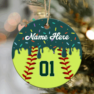 Personalized softball ornament with custom player name and number, perfect Christmas or end-of-season gift for softball players or teams.
