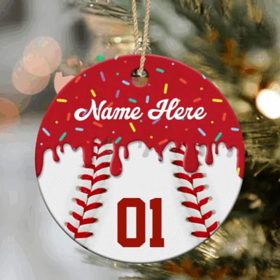 Personalized baseball ornament featuring custom player name and number, a perfect Christmas or team gift for baseball players and coaches.