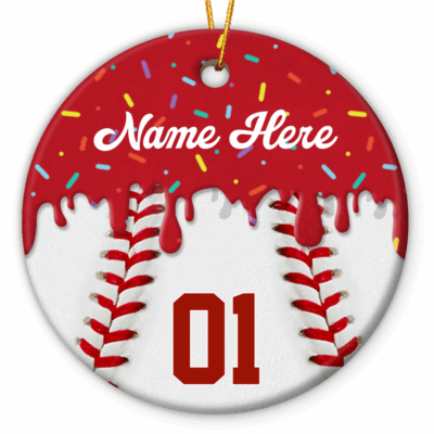 Personalized baseball ornament featuring custom player name and number, a perfect Christmas or team gift for baseball players and coaches.