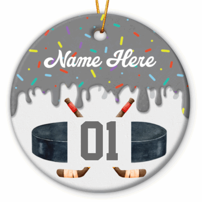 Personalized ice hockey ornament with player name and number, a perfect Christmas or team keepsake for hockey players and coaches.
